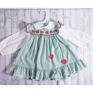 Vintage 80's Baby Girls Green Stripe Dress With Hearts